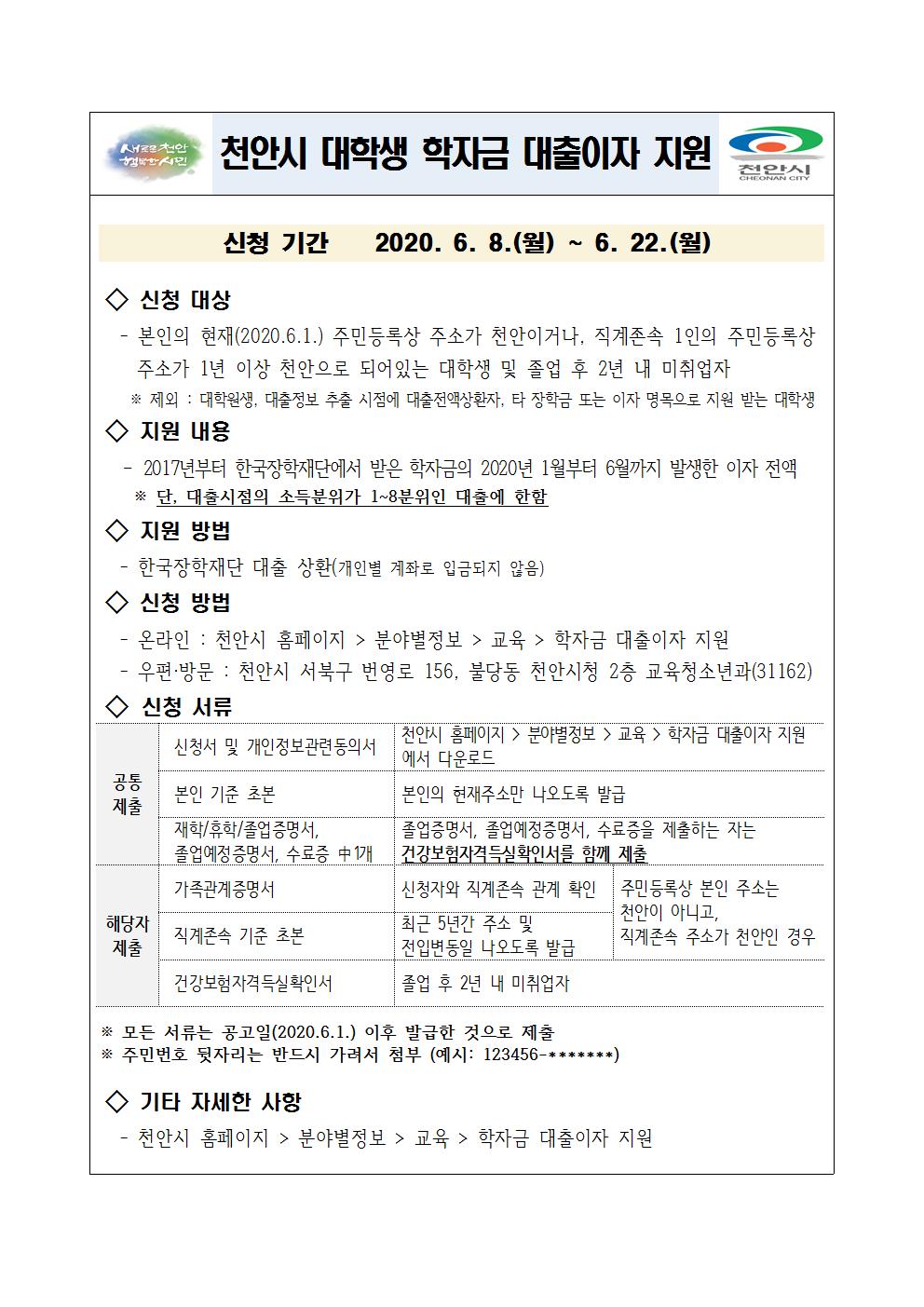 2020년 천안시 대학생 학자금 대출이자 지원 안내(한장)001.jpg